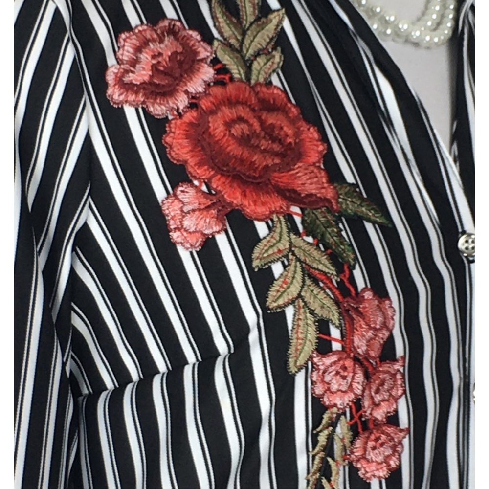 Mlle Gabrielle Black White Striped Stretch Button Down Shirt Dress size  Small - Picture 14 of 16